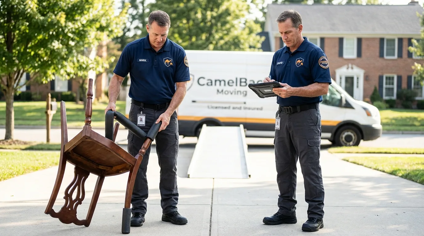 Movers inspecting furniture for damage prevention before loading in Cheyenne, WY